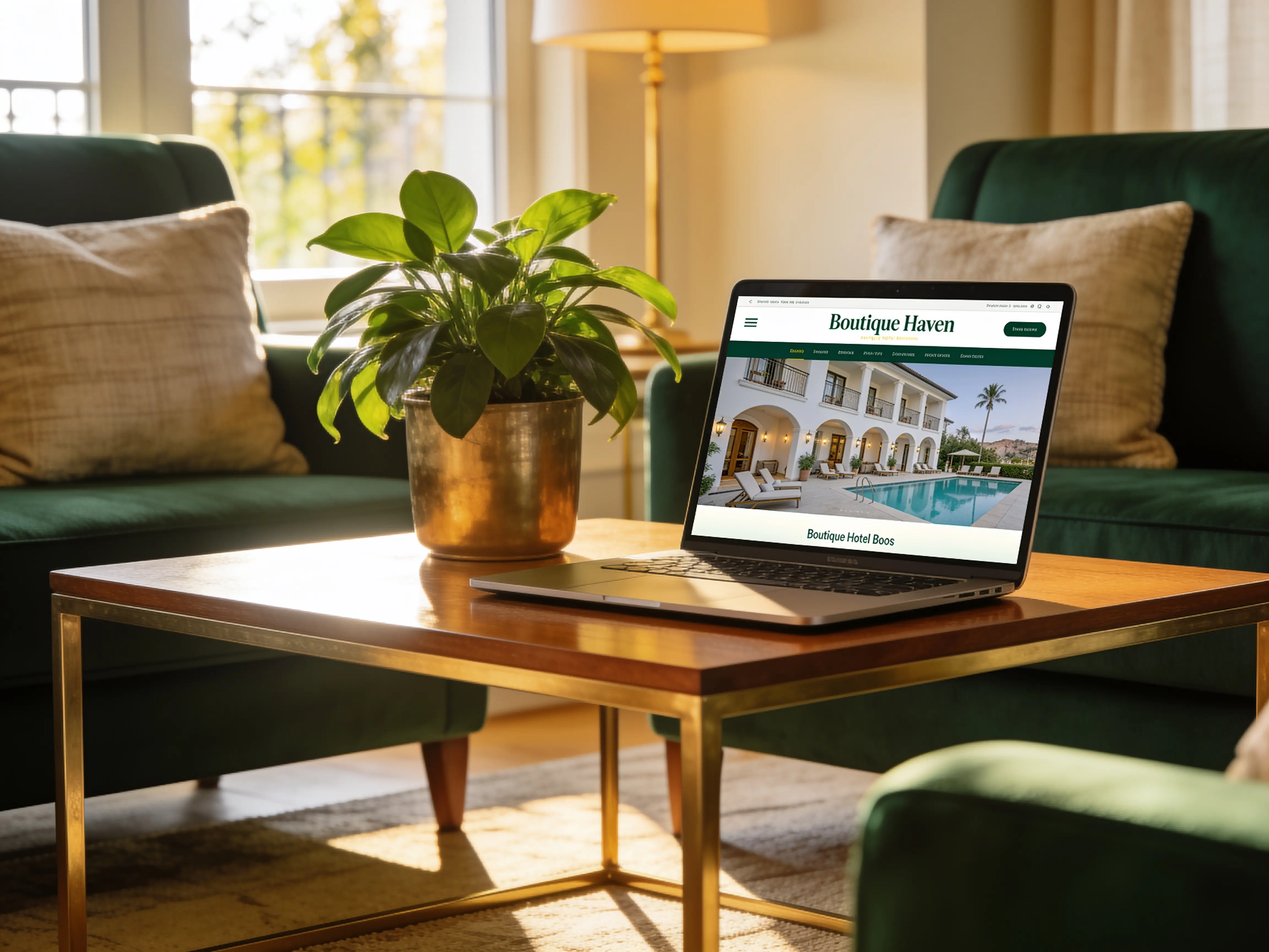 A modern direct-booking website shown in a warm interior